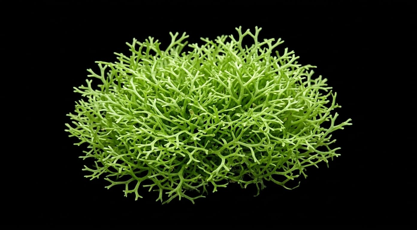 Річчія (Riccia fluitans) утворює щільні яскраво-зелені маси з безлічі тонких розгалужених таломів.