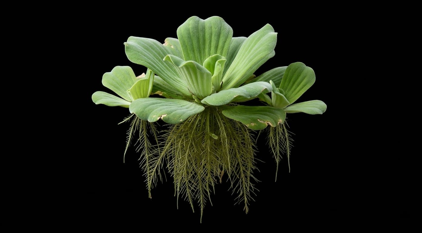 Пістія (Pistia stratiotes) формує компактну розетку з ребристих листків і довгих коренів.