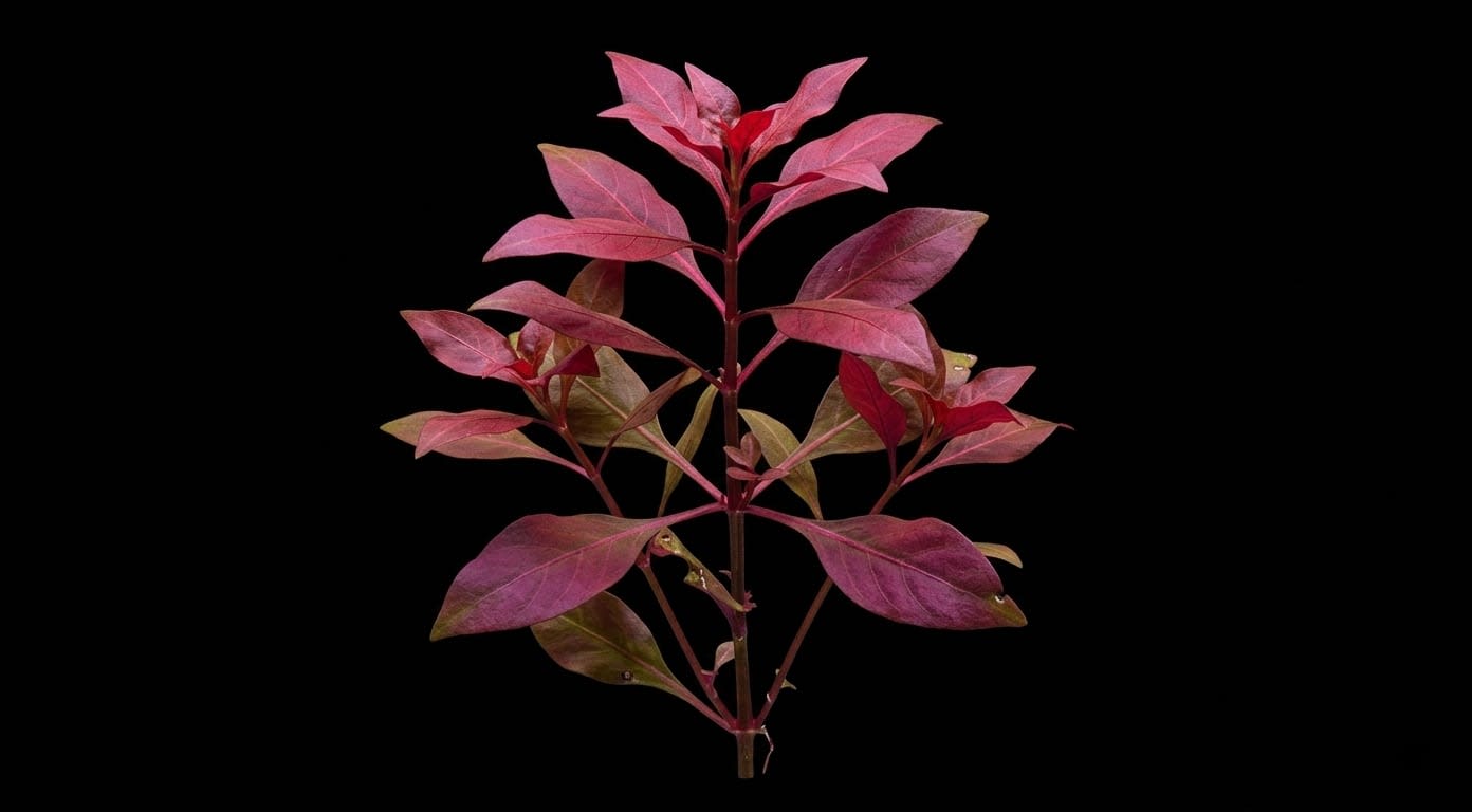 Альтернантера (Alternanthera reineckii) формує вертикальні стебла з характерним червоним або бордовим листям.