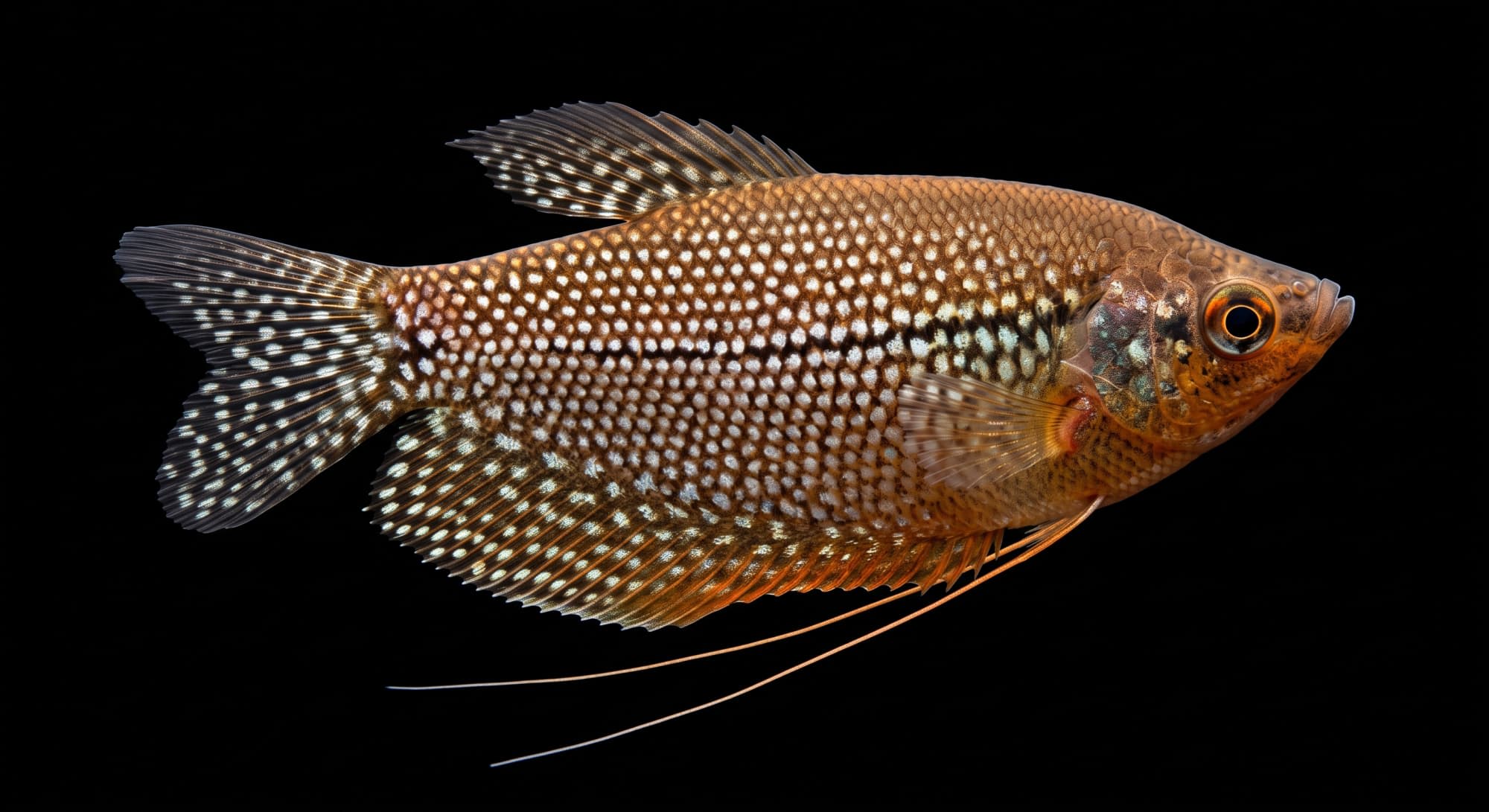 Перлинний гурамі (Trichopodus leerii) з характерними довгими вусиками (видозміненими черевними плавцями).