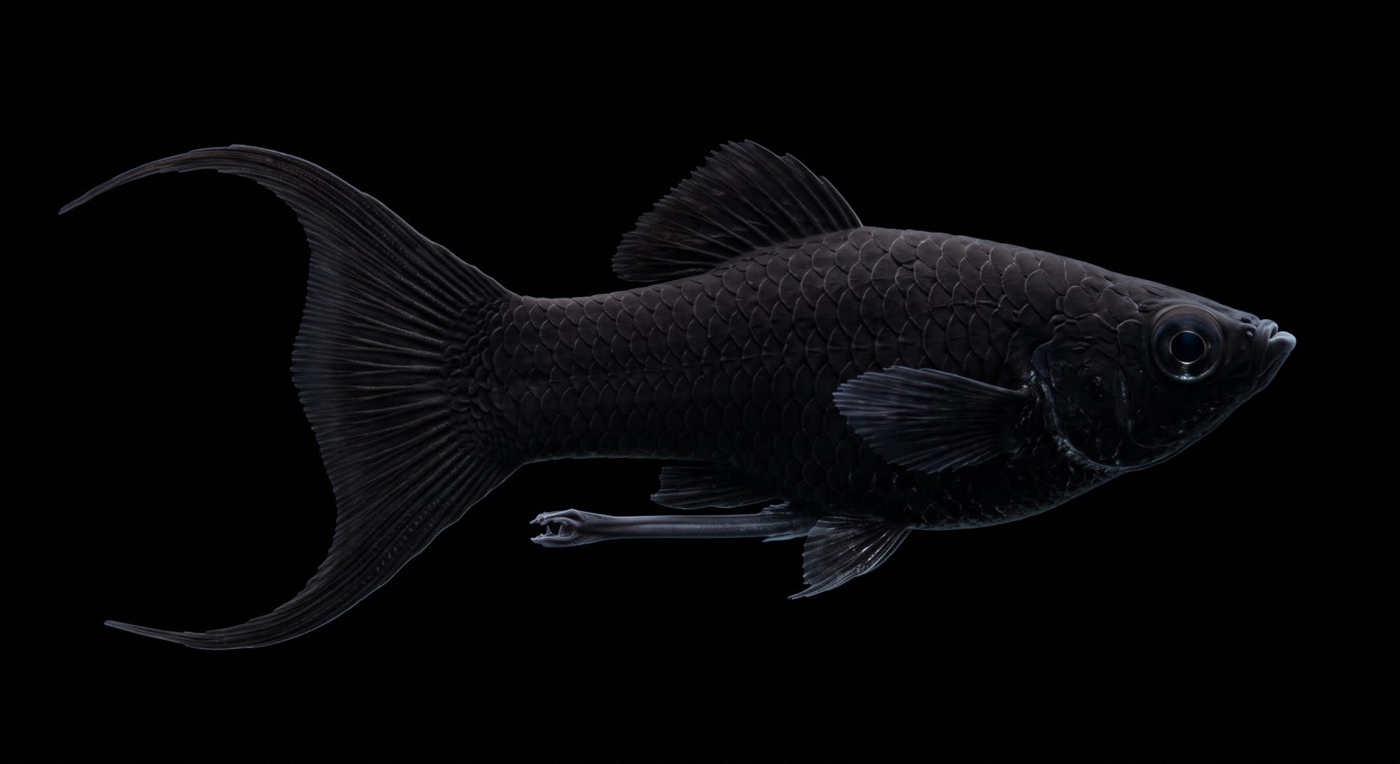 Класичний самець чорної моллінезії (Black Molly) з розкішним ліроподібним хвостом крупним планом на чорному фоні.