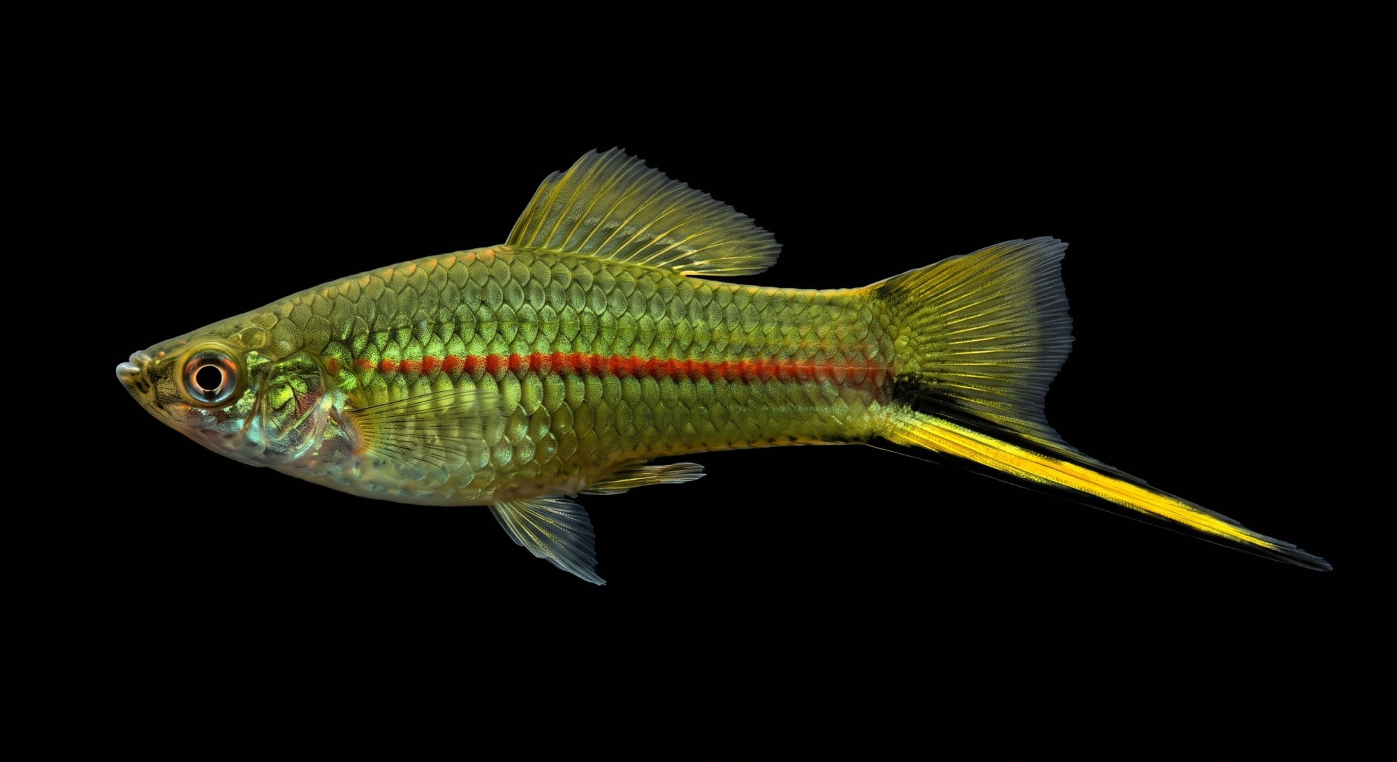 Зелений мечоносець дикого типу (Xiphophorus hellerii) з оливковим тілом та червоною поздовжньою смугою на ідеально чорному фоні.